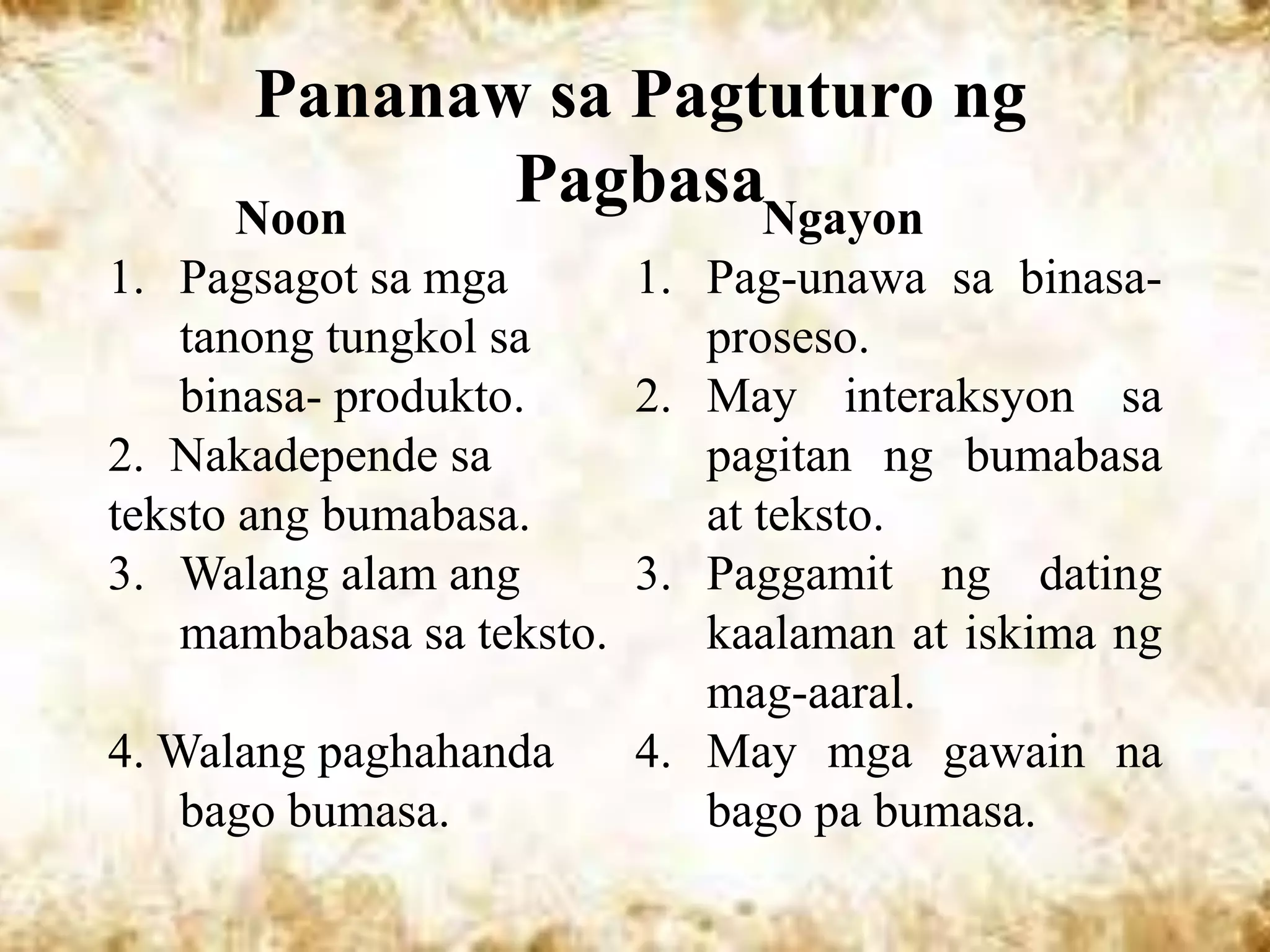 Pananaw sa Pagtuturo ng
     Noon
             PagbasaNgayon
1. Pagsagot sa mga       1. Pag-unawa sa binasa-
    tanong tungkol sa       proseso.
    binasa- produkto.    2. May interaksyon sa
2. Nakadepende sa           pagitan ng bumabasa
teksto ang bumabasa.        at teksto.
3. Walang alam ang       3. Paggamit ng dating
    mambabasa sa teksto.    kaalaman at iskima ng
                            mag-aaral.
4. Walang paghahanda     4. May mga gawain na
    bago bumasa.            bago pa bumasa.
 