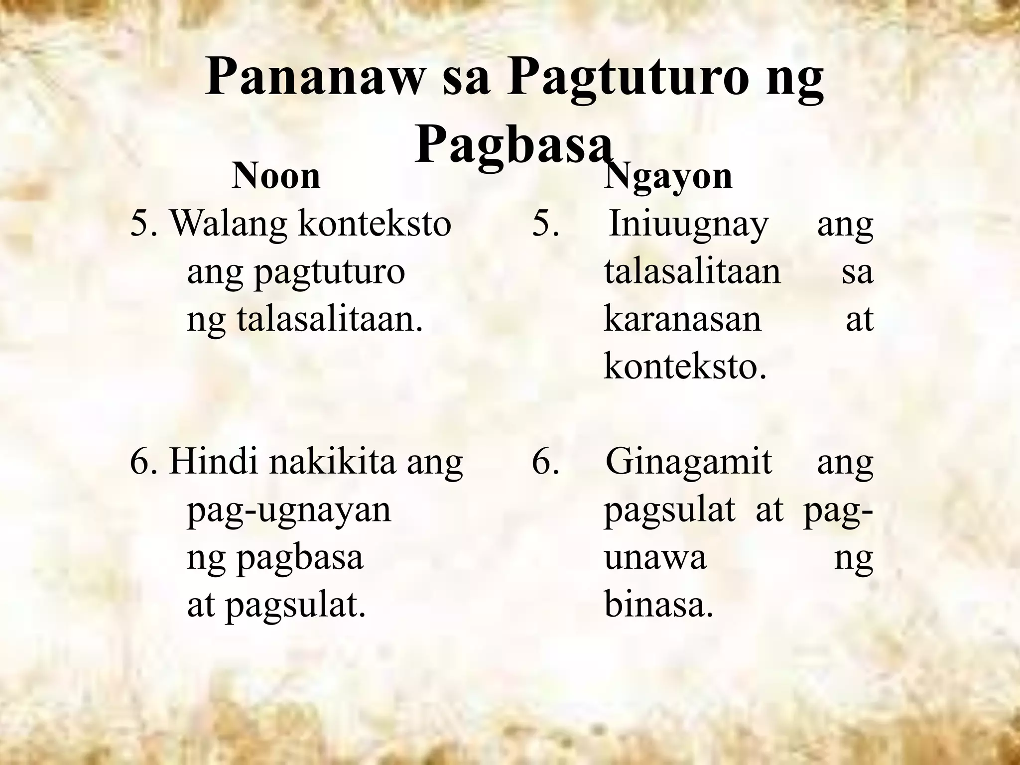 Pananaw sa Pagtuturo ng
     Noon
           PagbasaNgayon
5. Walang konteksto     5.   Iniuugnay ang
    ang pagtuturo            talasalitaan sa
    ng talasalitaan.         karanasan    at
                             konteksto.

6. Hindi nakikita ang   6.   Ginagamit ang
    pag-ugnayan              pagsulat at pag-
    ng pagbasa               unawa         ng
    at pagsulat.             binasa.
 