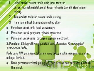 1. Judul artikel dalam tanda kutip,judul terbitan
      berseri(jurnal,majalah,surat kabar) digaris bawahi atau tulisan
      miring.
   2. Tahun/data terbitan dalam tanda kurung.
   3. Halaman artikel ditempatkan paling akhir.
c. Penulisan untuk jenis hasil wawancara
d. Penulisan untuk program televisi atau radio
e. Penulisan untuk jenis dokumen sumber elektronik
3. Penulisan Bibliografi Menggunakan Gaya American Psychological
Association (APA).
Pada gaya APA penulisan dokumen yang berupa buku mempunyai urutan
sebagai berikut.
a. Baris pertama terletak paling kiri, baris kedua dan berikutnya indensi
   (hanging).
 