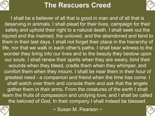 The Rescuers Creed
      I shall be a believer of all that is good in man and of all that is
   deserving in animals. I shall plead for their lives, campaign for their
   safety and uphold their right to a natural death. I shall seek out the
injured and the maimed, the unloved, and the abandoned and tend to
them in their last days. I shall not forget their place in the hierarchy of
 life, nor that we walk in each other's paths. I shall bear witness to the
  wonder they bring into our lives and to the beauty they bestow upon
   our souls. I shall renew their spirits when they are weary, bind their
     wounds when they bleed, cradle them when they whimper, and
  comfort them when they mourn. I shall be near them in their hour of
   greatest need - a companion and friend when the time has come. I
    shall watch over them and console them and ask that the angels
     gather them in their arms. From the creatures of the earth I shall
 learn the fruits of compassion and undying love, and I shall be called
     the beloved of God. In their company I shall indeed be blessed.
                         ~ Susan M. Pearson ~
 