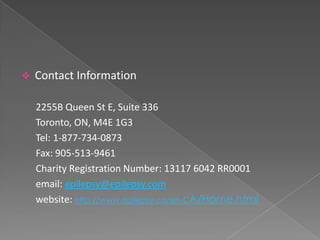    Contact Information

    2255B Queen St E, Suite 336
    Toronto, ON, M4E 1G3
    Tel: 1-877-734-0873
    Fax: 905-513-9461
    Charity Registration Number: 13117 6042 RR0001
    email: epilepsy@epilepsy.com
    website: http://www.epilepsy.ca/en-CA/Home.html
 