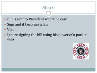 Step 6

 Bill is sent to President where he can:
 Sign and it becomes a law
 Veto
 Ignore signing the bill using his power of a pocket
 veto
 