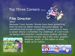 Top Three Careers              (cont.)




Film Director
Why?
Because I love movies. Movies have been something
that me and my father always discussed about, its
something that brings us together. I would love to have
a career where I remember my childhood. If I don’t end
up being a film director I would enjoy another job that
               involves movies, like a film critic, graphic
               designer, audio, or film editor or even
               make up for actors.
 