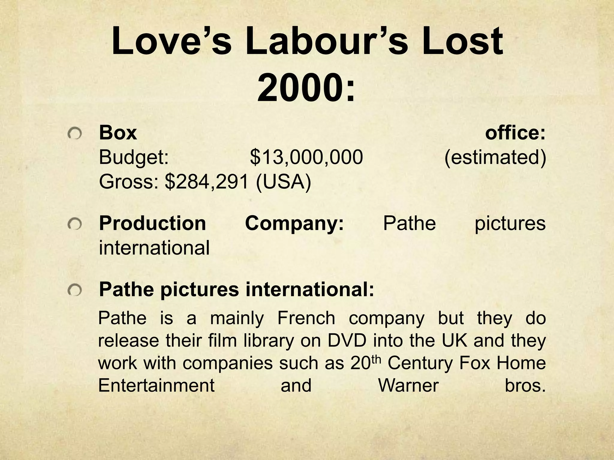 Love’s Labour’s Lost
2000:
Box office:
Budget: $13,000,000 (estimated)
Gross: $284,291 (USA)
Production Company: Pathe pictures
international
Pathe pictures international:
Pathe is a mainly French company but they do
release their film library on DVD into the UK and they
work with companies such as 20th Century Fox Home
Entertainment and Warner bros.
 