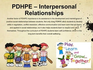 PDHPE – Interpersonal
Relationships
Another factor of PDHPE importance is its assistance in the development and maintenance of
positive social relationships between students. Not only does PDHPE allow students to develop
skills in negotiation, conflict resolution, effective communication and team work that are learnt
and applied in social relationships, but it also helps students learn to respect and value
themselves. Throughout the curriculum of PDHPE students learn self confidence, which in the
long term benefits their overall wellbeing.
 