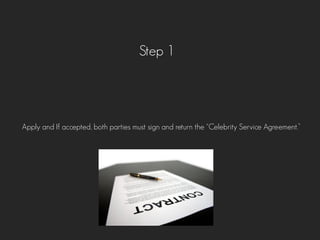 Step 1
Apply and If accepted, both parties must sign and return the Celebrity Service Agreement.
 