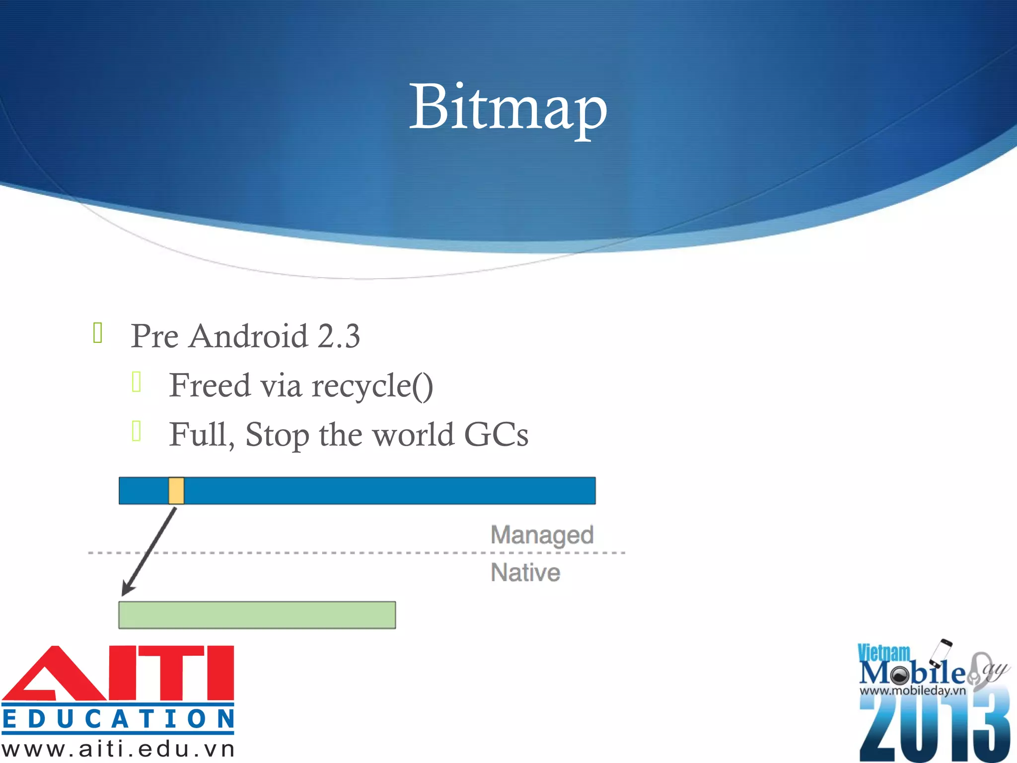 Bitmap
 Pre Android 2.3
 Freed via recycle()
 Full, Stop the world GCs
 