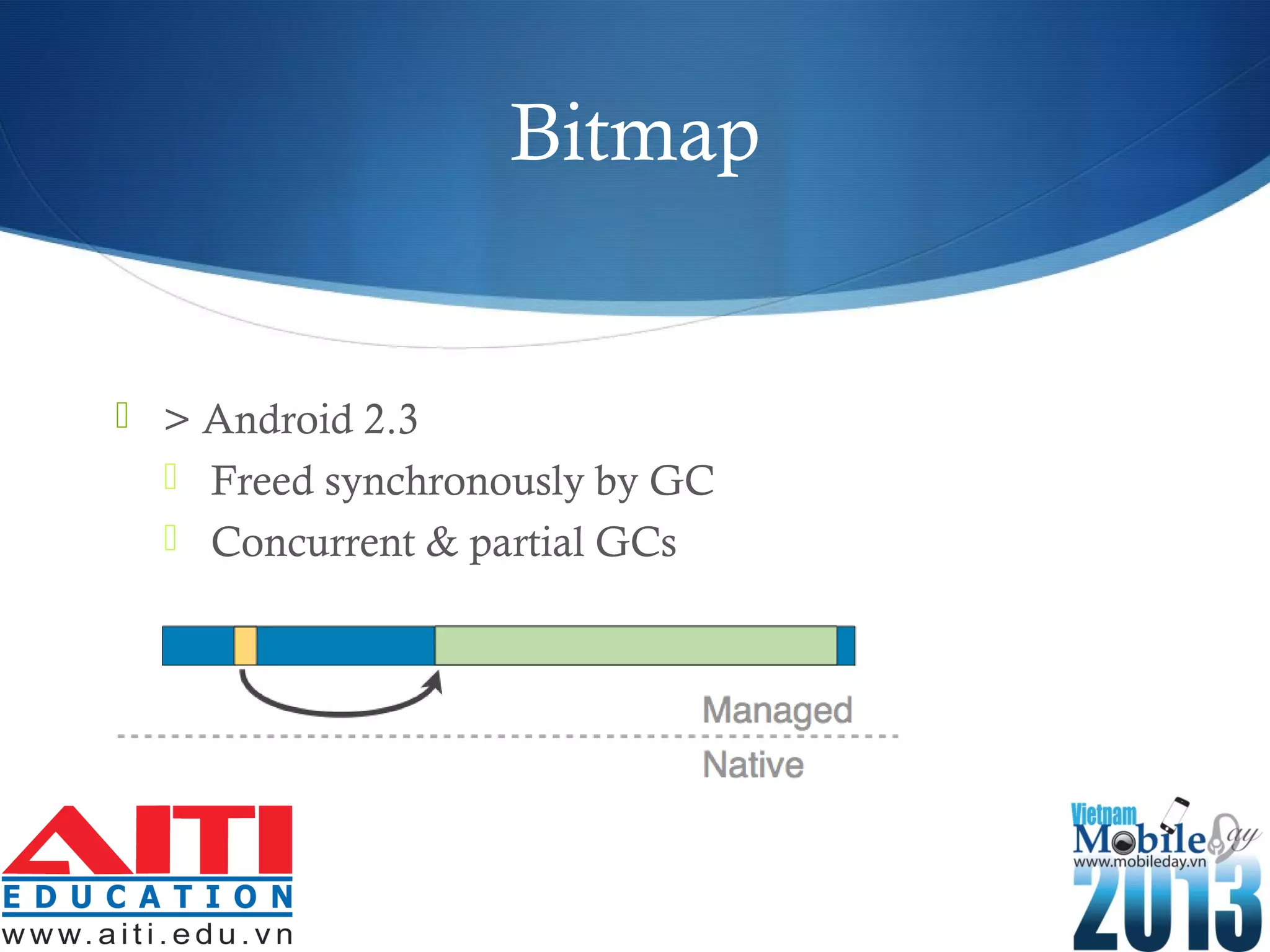 Bitmap
 > Android 2.3
 Freed synchronously by GC
 Concurrent & partial GCs
 