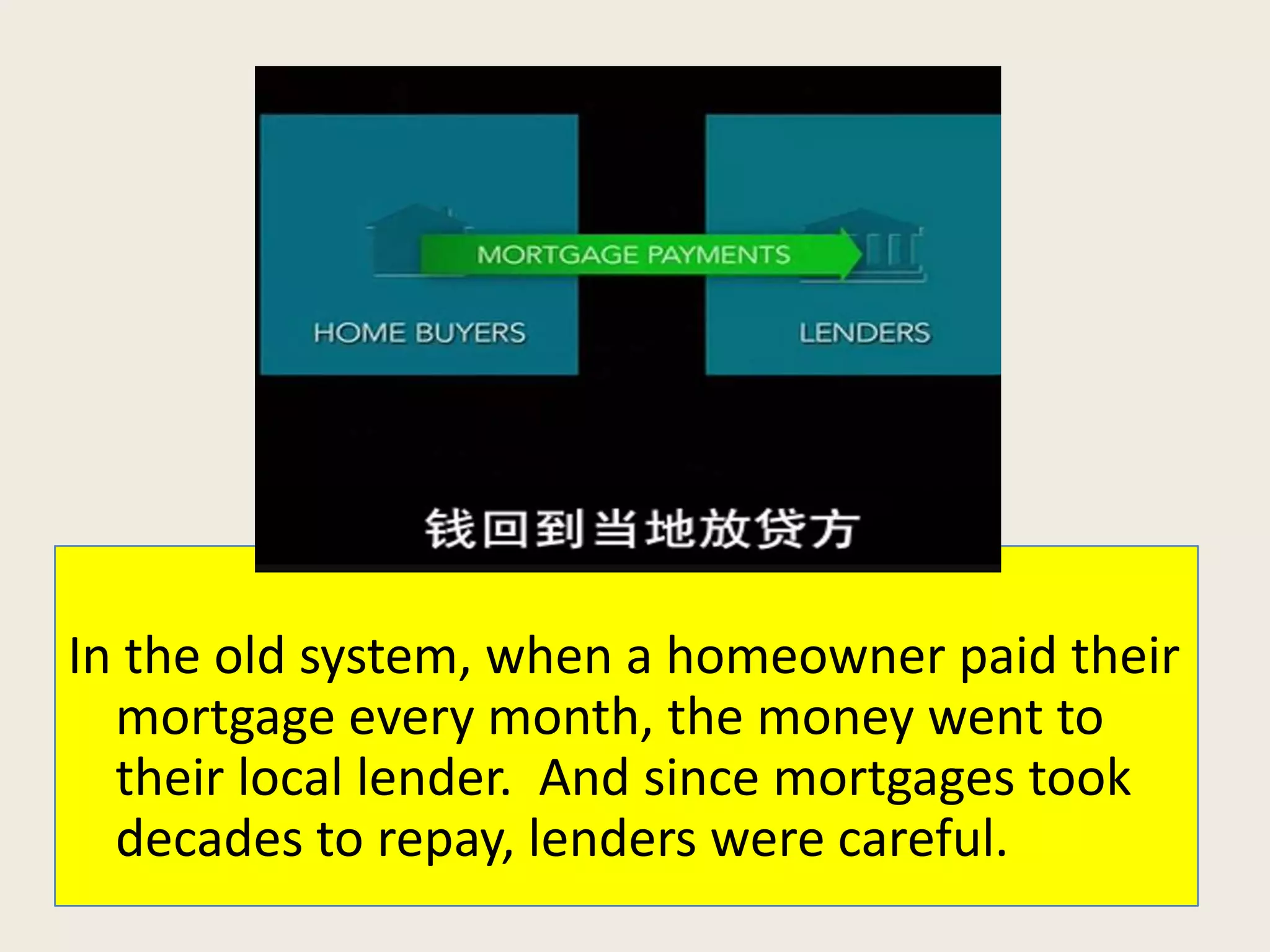 In the old system, when a homeowner paid their
mortgage every month, the money went to
their local lender. And since mortgages took
decades to repay, lenders were careful.
 