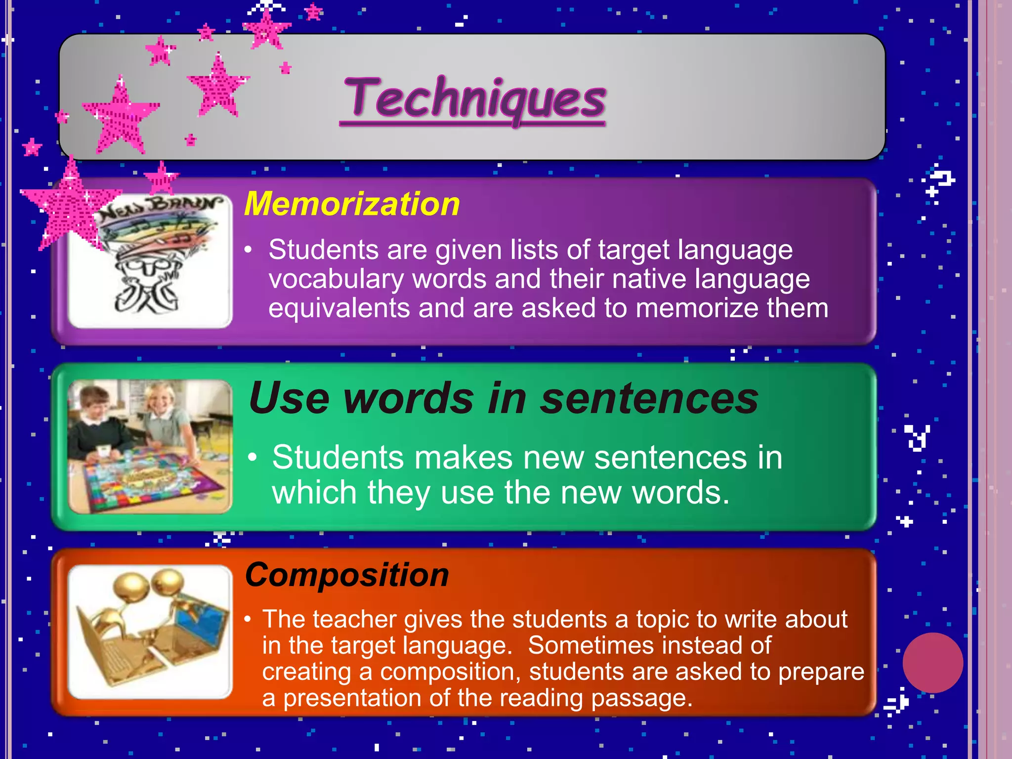 Memorization
• Students are given lists of target language
vocabulary words and their native language
equivalents and are asked to memorize them
Use words in sentences
• Students makes new sentences in
which they use the new words.
Composition
• The teacher gives the students a topic to write about
in the target language. Sometimes instead of
creating a composition, students are asked to prepare
a presentation of the reading passage.
 