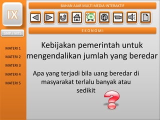 SMP / MTS
MATERI 1
MATERI 2
MATERI 3
MATERI 4
MATERI 5
BAHAN AJAR MULTI MEDIA INTERAKTIF
E K O N O M I
Kebijakan pemerintah untuk
mengendalikan jumlah yang beredar
Apa yang terjadi bila uang beredar di
masyarakat terlalu banyak atau
sedikit
 