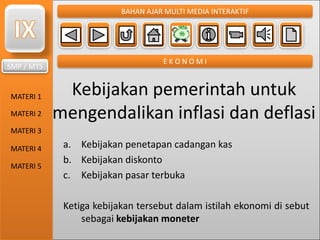 SMP / MTS
MATERI 1
MATERI 2
MATERI 3
MATERI 4
MATERI 5
BAHAN AJAR MULTI MEDIA INTERAKTIF
E K O N O M I
Kebijakan pemerintah untuk
mengendalikan inflasi dan deflasi
a. Kebijakan penetapan cadangan kas
b. Kebijakan diskonto
c. Kebijakan pasar terbuka
Ketiga kebijakan tersebut dalam istilah ekonomi di sebut
sebagai kebijakan moneter
 