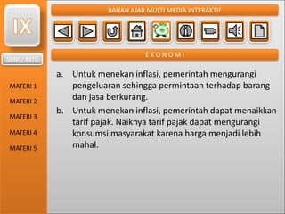 SMP / MTS
MATERI 1
MATERI 2
MATERI 3
MATERI 4
MATERI 5
BAHAN AJAR MULTI MEDIA INTERAKTIF
E K O N O M I
a. Untuk menekan inflasi, pemerintah mengurangi
pengeluaran sehingga permintaan terhadap barang
dan jasa berkurang.
b. Untuk menekan inflasi, pemerintah dapat menaikkan
tarif pajak. Naiknya tarif pajak dapat mengurangi
konsumsi masyarakat karena harga menjadi lebih
mahal.
 