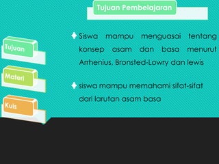 Siswa mampu menguasai tentang
konsep asam dan basa menurut
Arrhenius, Bronsted-Lowry dan lewis
siswa mampu memahami sifat-sifat
dari larutan asam basa
Tujuan Pembelajaran
 