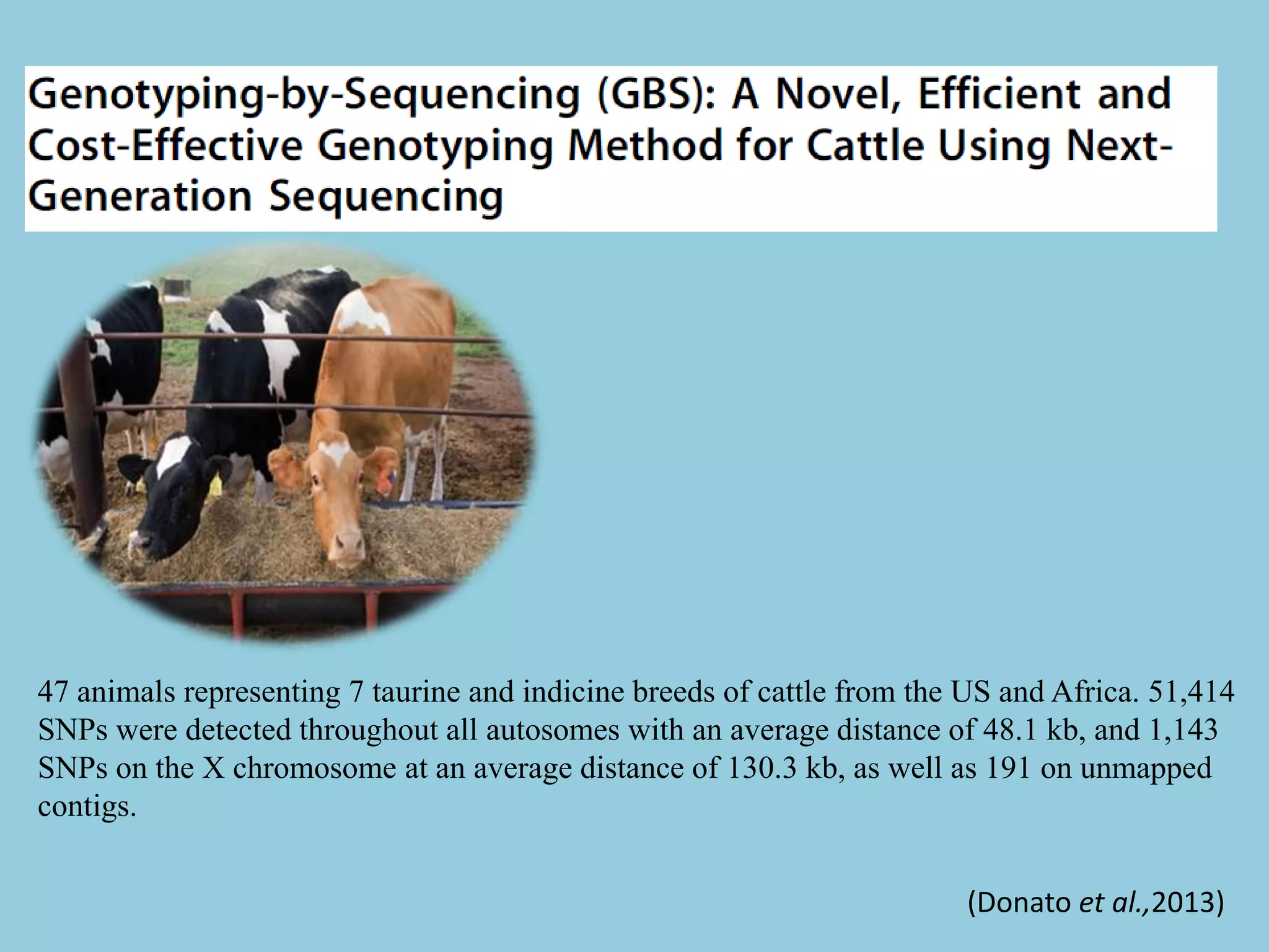 (Donato et al.,2013)
47 animals representing 7 taurine and indicine breeds of cattle from the US and Africa. 51,414
SNPs were detected throughout all autosomes with an average distance of 48.1 kb, and 1,143
SNPs on the X chromosome at an average distance of 130.3 kb, as well as 191 on unmapped
contigs.
 
