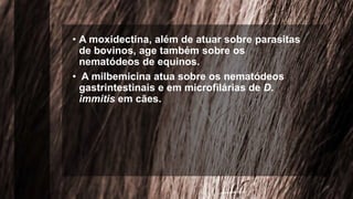 • A moxidectina, além de atuar sobre parasitas
de bovinos, age também sobre os
nematódeos de equinos.
• A milbemicina atua sobre os nematódeos
gastrintestinais e em microfilárias de D.
immitis em cães.
 