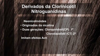 Derivados da Clorinicotil
Nitroguanidinas
Neonicotinóides
• Originados da nicotina
• Duas gerações: Cloropiridinil(CP) 1ª
Clorotiazolidil (CT) 2ª
Imitam efeitos Ach
 