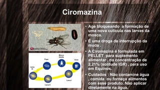 Ciromazina
• Age bloqueando a formação de
uma nova cutícula nas larvas da
mosca.
• É uma droga de interrupção da
muda .
• A Ciromazina é formulada em
PELLET para suplemento
alimentar , na concentração de
2,21% (solitude IGR) , para uso
em Equinos.
• Cuidados : Não contamine água
, comida ou forneça alimentos
com esse produto. Não aplicar
diretamente na água.
 