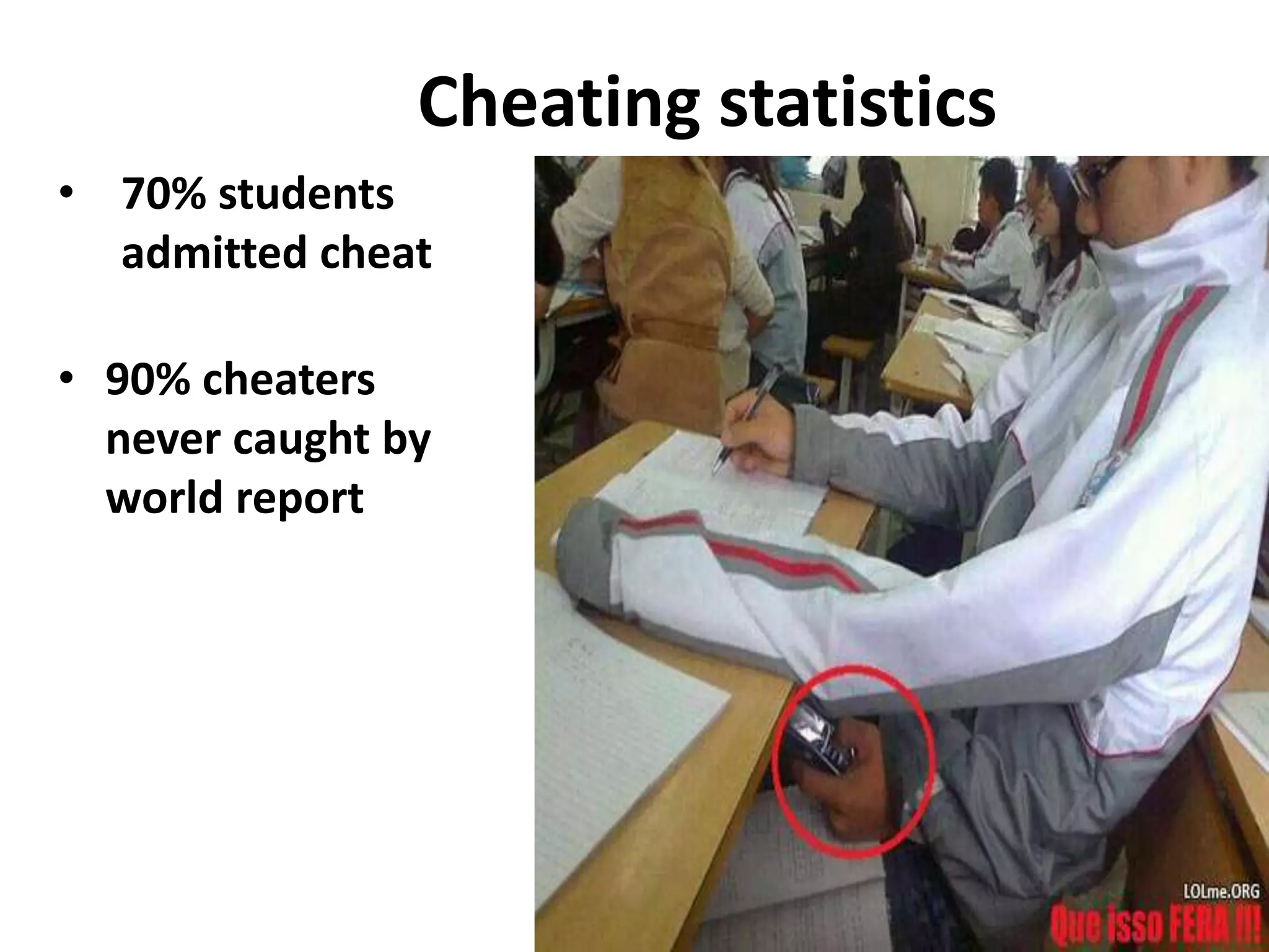 Cheating statistics
• 70% students
admitted cheat
• 90% cheaters
never caught by
world report
 