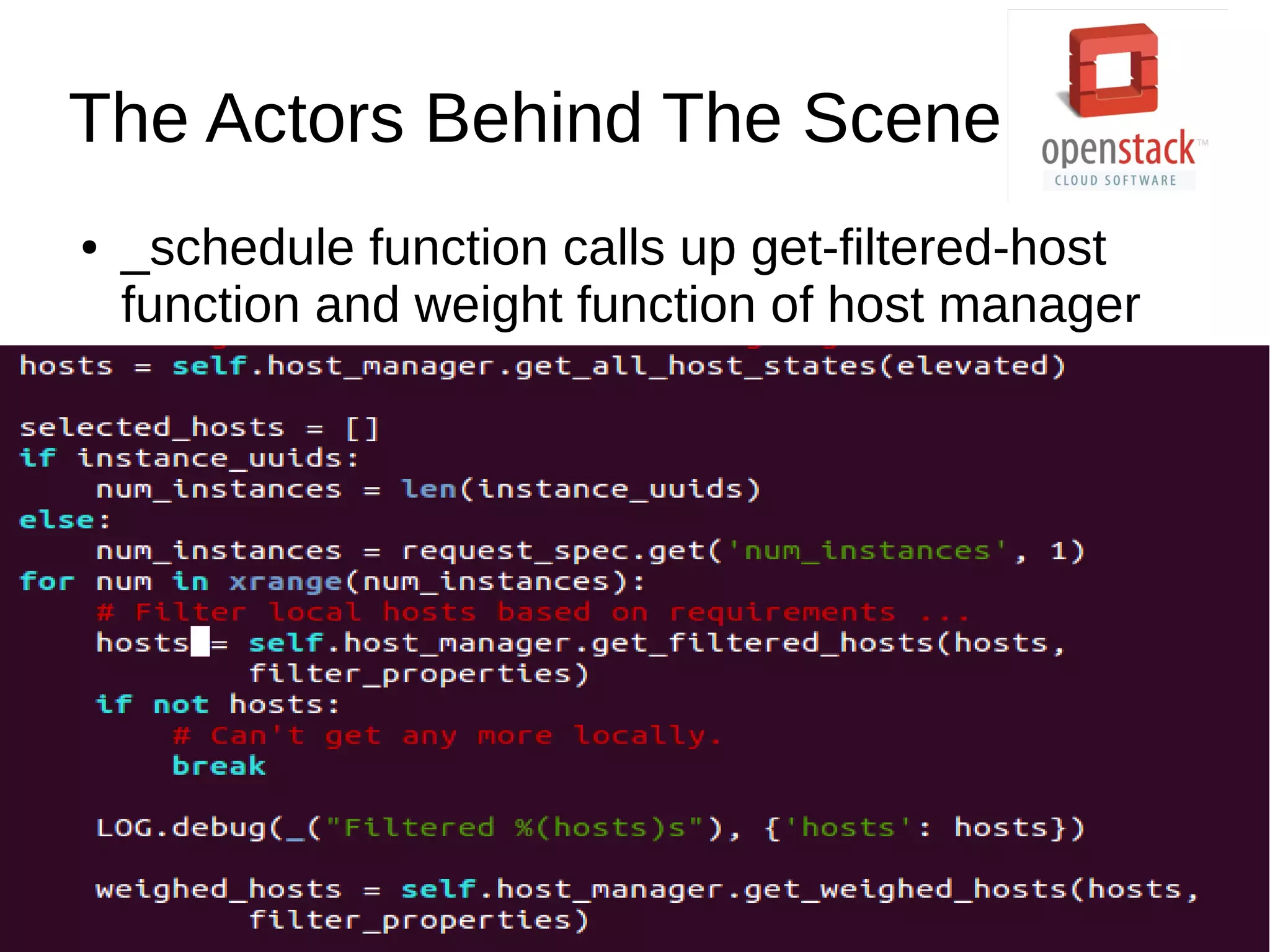 The Actors Behind The Scene
● _schedule function calls up get-filtered-host
function and weight function of host manager
 