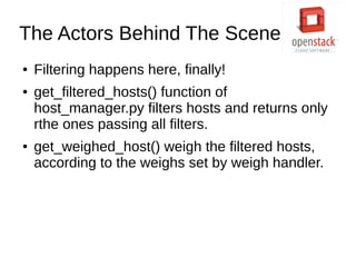 The Actors Behind The Scene
● Filtering happens here, finally!
● get_filtered_hosts() function of
host_manager.py filters ...