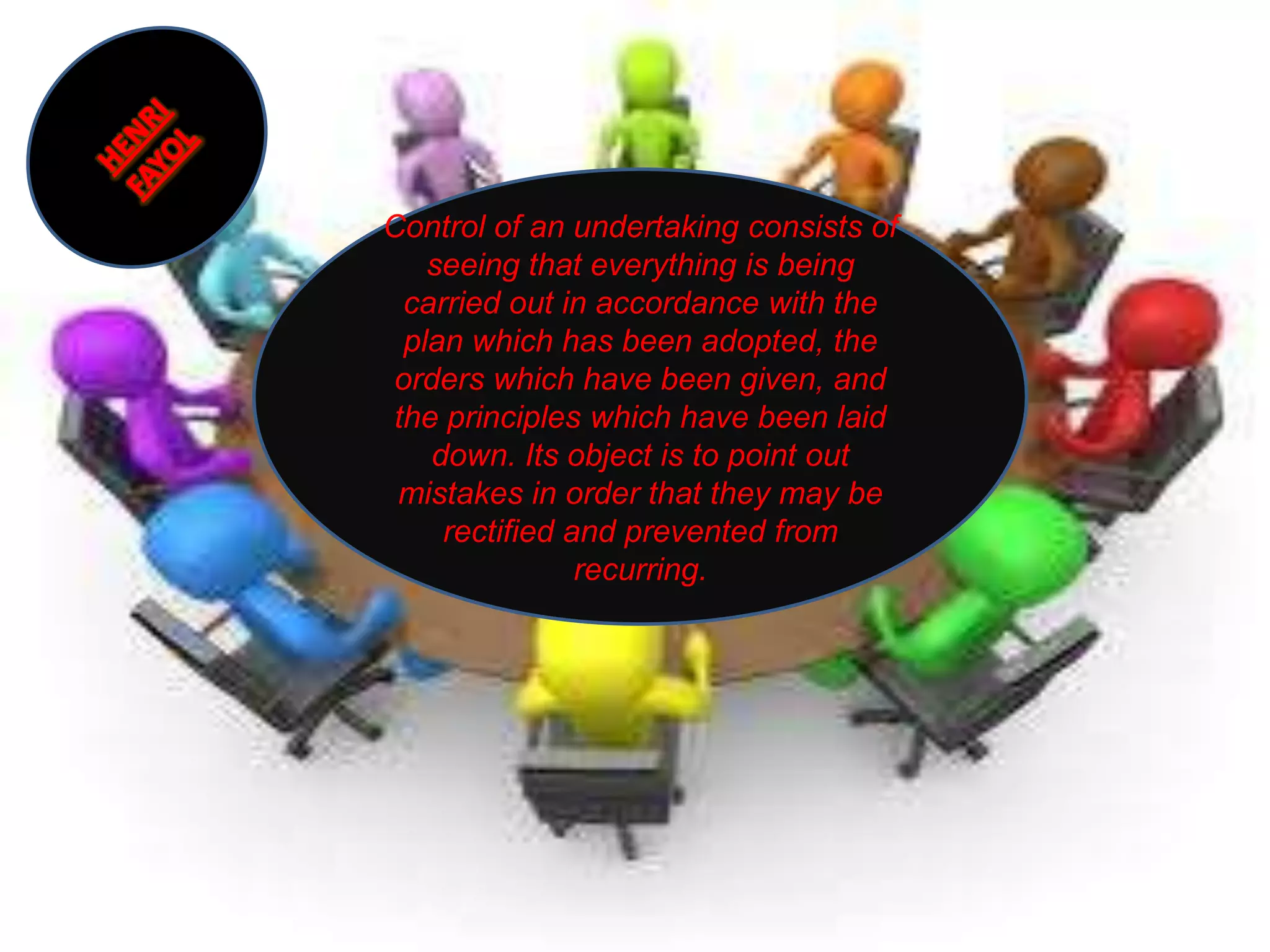 Control of an undertaking consists of
seeing that everything is being
carried out in accordance with the
plan which has been adopted, the
orders which have been given, and
the principles which have been laid
down. Its object is to point out
mistakes in order that they may be
rectified and prevented from
recurring.