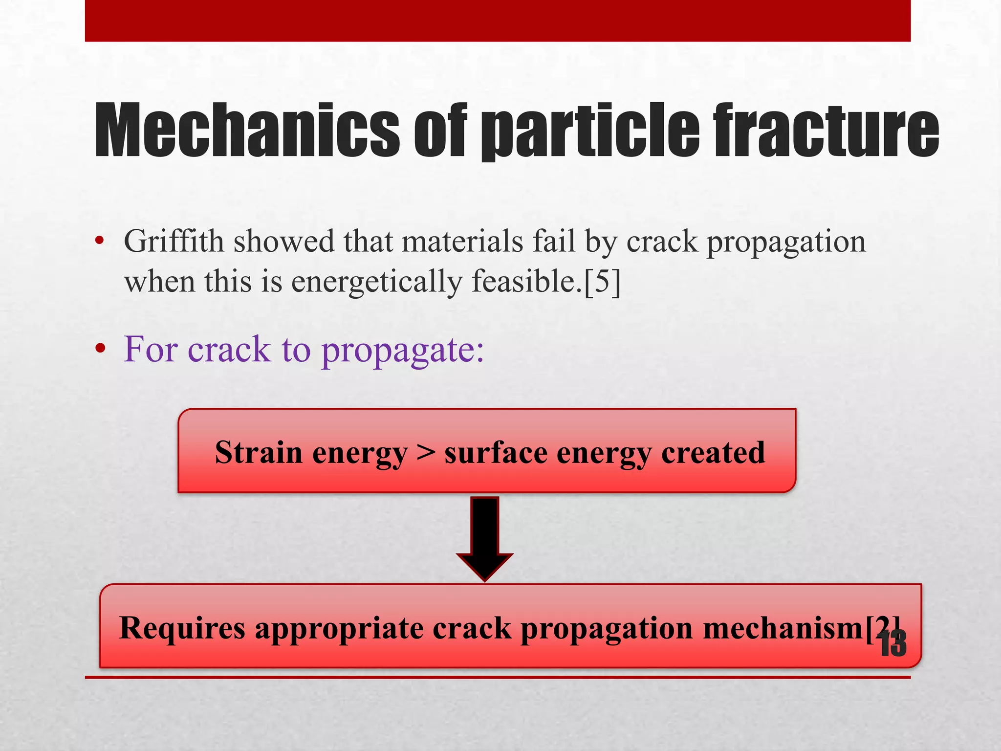 Mechanics of particle fracture
• Griffith showed that materials fail by crack propagation
when this is energetically feasible.[5]
• For crack to propagate:
Strain energy > surface energy created
Requires appropriate crack propagation mechanism[2]
13
 