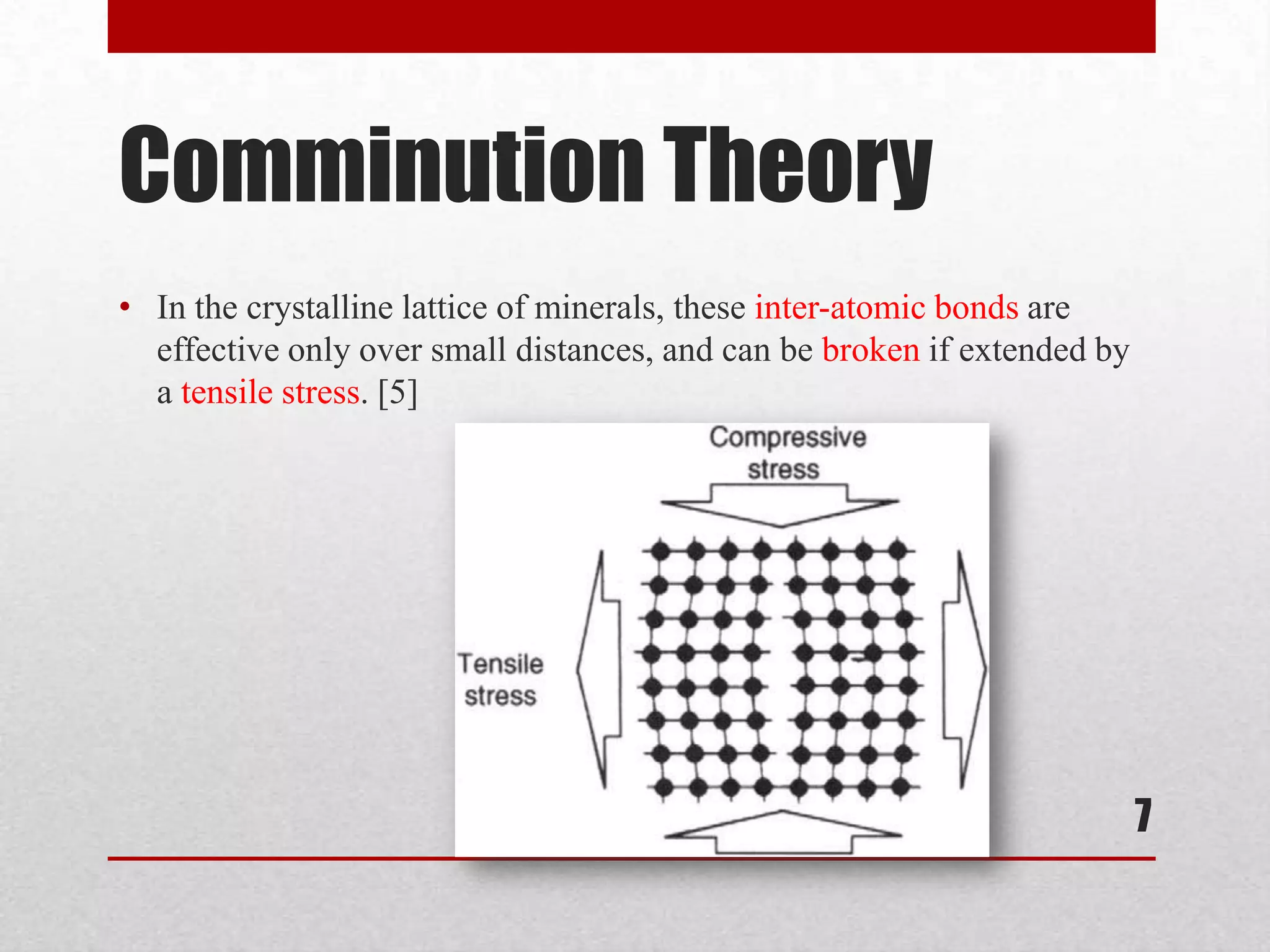 Comminution Theory
• In the crystalline lattice of minerals, these inter-atomic bonds are
effective only over small distances, and can be broken if extended by
a tensile stress. [5]
7
 
