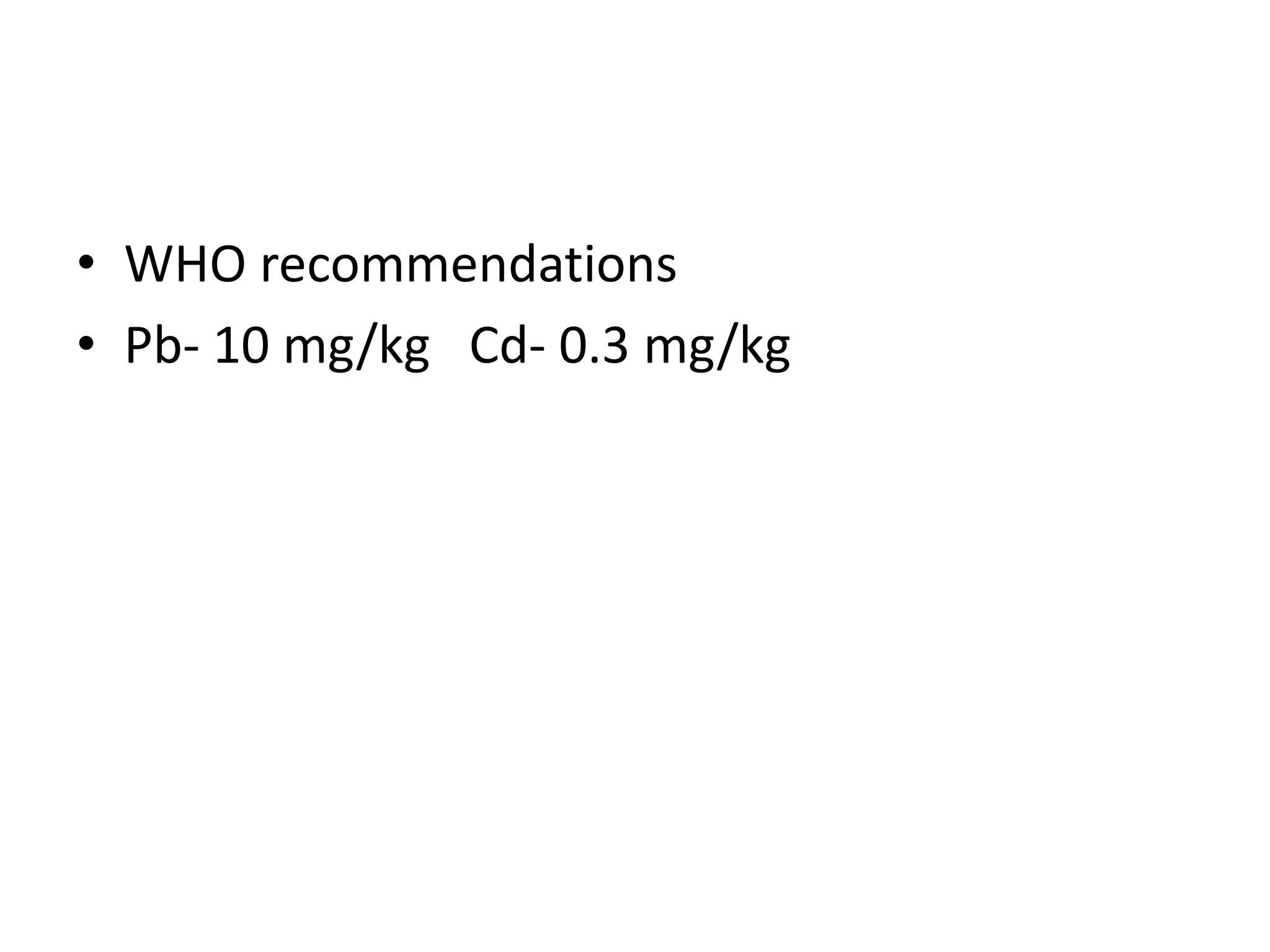 • WHO recommendations
• Pb- 10 mg/kg Cd- 0.3 mg/kg
 