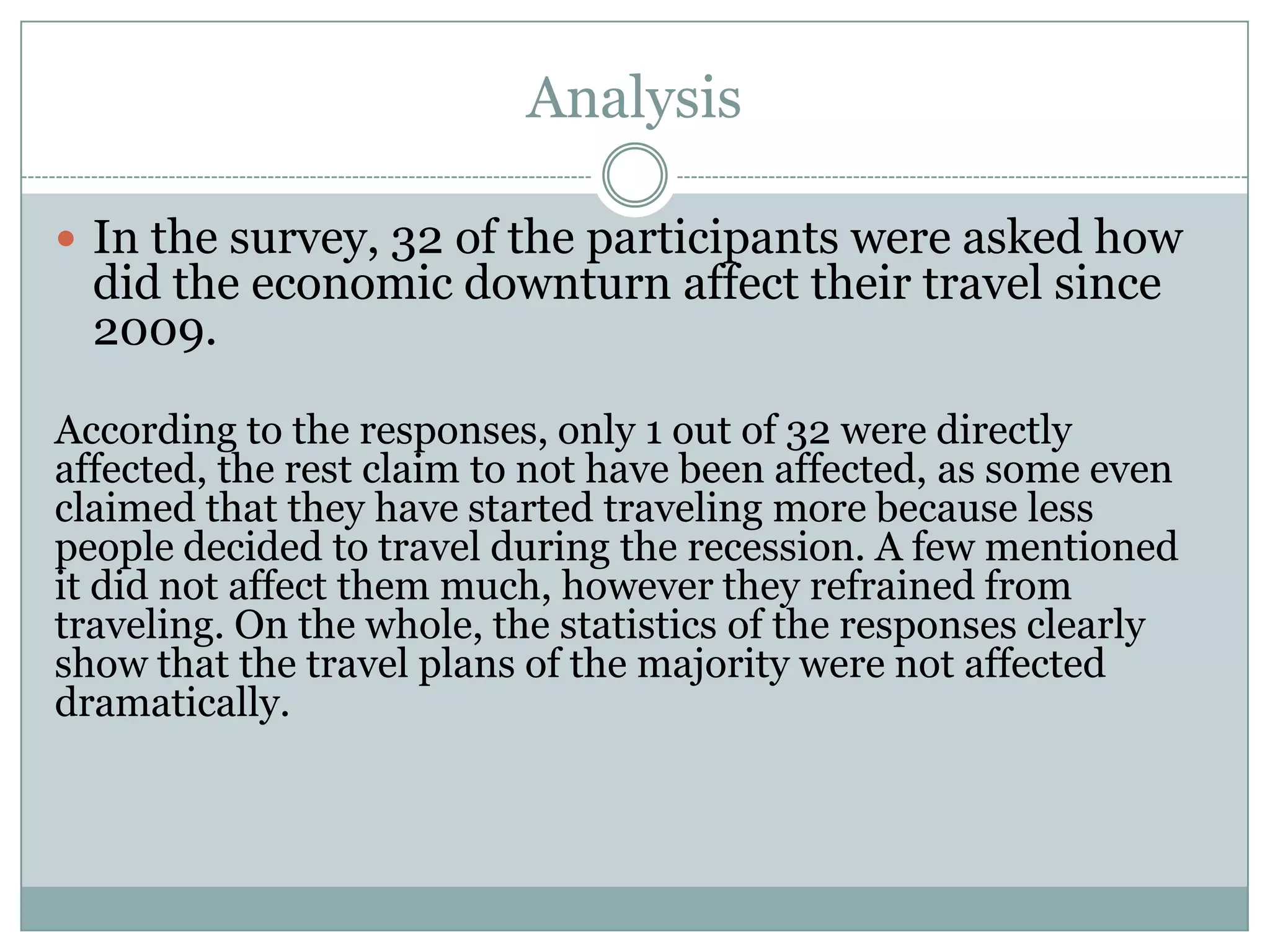 Analysis
 In the survey, 32 of the participants were asked how
did the economic downturn affect their travel since
2009.
According to the responses, only 1 out of 32 were directly
affected, the rest claim to not have been affected, as some even
claimed that they have started traveling more because less
people decided to travel during the recession. A few mentioned
it did not affect them much, however they refrained from
traveling. On the whole, the statistics of the responses clearly
show that the travel plans of the majority were not affected
dramatically.
 
