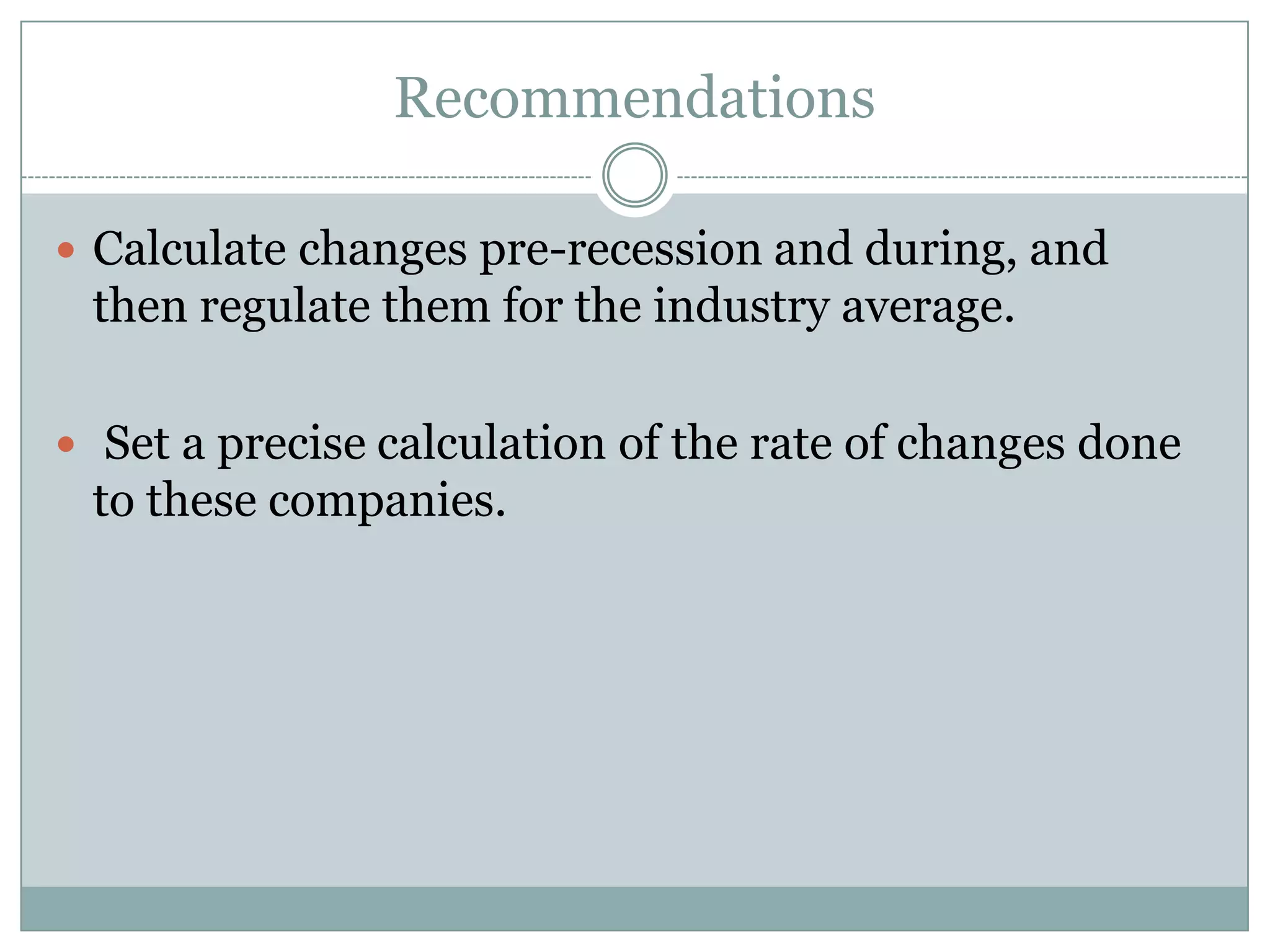 Recommendations
 Calculate changes pre-recession and during, and
then regulate them for the industry average.
 Set a precise calculation of the rate of changes done
to these companies.
 