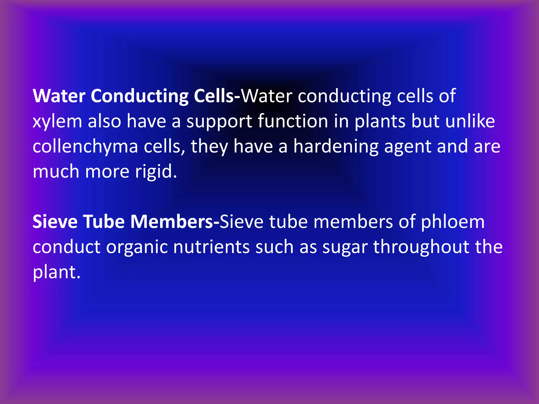 Water Conducting Cells-Water conducting cells of
xylem also have a support function in plants but unlike
collenchyma cells, they have a hardening agent and are
much more rigid.
Sieve Tube Members-Sieve tube members of phloem
conduct organic nutrients such as sugar throughout the
plant.
 