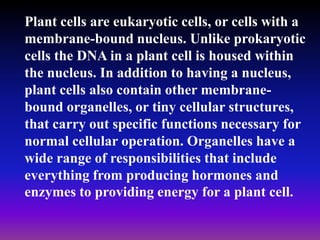 Plant cells are eukaryotic cells, or cells with a
membrane-bound nucleus. Unlike prokaryotic
cells the DNA in a plant cell is housed within
the nucleus. In addition to having a nucleus,
plant cells also contain other membrane-
bound organelles, or tiny cellular structures,
that carry out specific functions necessary for
normal cellular operation. Organelles have a
wide range of responsibilities that include
everything from producing hormones and
enzymes to providing energy for a plant cell.
 