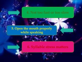 4. Not too fast or too slow
5. Open the mouth properly
while speaking
6. Syllable stress matters
 