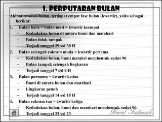 1. PERPUTARAN BULAN
Akibat revolusi bulan, terdapat empat fase bulan (kwartir), yaitu sebagai
berikut:
1. Bulan baru = bulan mati = kwartir keempat
– Kedudukan bulan di antara bumi dan matahari
– Bulan tidak tampak
– Terjadi tanggal 29 s/d 30 H
2. Bulan setengah cakram muda = kwartir pertama
– Kedudukan bulan, bumi matahri membentuk sudut 90
– Bulan tampak setengah lingkaran
– Terjadi tanggal 7 s/d 8 H
3. Bulan purnama = kwartir kedua
– Bumi di antara bulan dan matahari
– Lingkaran penuh
– Terjadi tanggal 14 s/d 15 H
4. Bulan cakram tua = kwartir ketiga
– Kedudukan bulan, bumi dan matahari membentuk sudut 90
– Terjadi tanggal 22 s/d 23
 