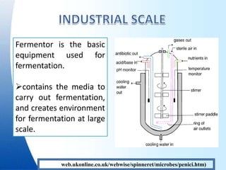Fermentor is the basic
equipment used for
fermentation.
contains the media to
carry out fermentation,
and creates environment
for fermentation at large
scale.
http://web.ukonline.co.uk/webwise/spinneret/microbes/penici.htm)
 