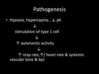 Pathogenesis
• Hypoxia, Hypercapnia , ↓ ph
↓
stimulation of type 1 cell
↓
↑ autonomic activity
↓
↑ resp rate,↑( heart rate & systemic
vascular tone & bp)
 