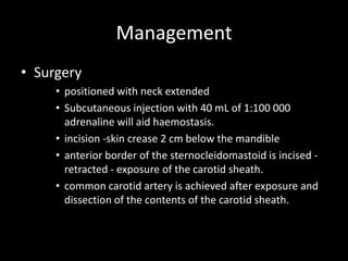 Management
• Surgery
• positioned with neck extended
• Subcutaneous injection with 40 mL of 1:100 000
adrenaline will aid haemostasis.
• incision -skin crease 2 cm below the mandible
• anterior border of the sternocleidomastoid is incised -
retracted - exposure of the carotid sheath.
• common carotid artery is achieved after exposure and
dissection of the contents of the carotid sheath.
 