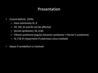 Presentation
• Cranial deficits (35%)
– most commonly IX, X
– VII, VIII, XI and XII can be affected
– Vernet syndrome ( IX, X,XI)
– Villaret syndrome (jugular foramen syndrome + Horner’s syndrome)
– IV, V & VI impairment if cavernous sinus involved
• Ataxia if cerebellum is involved
 