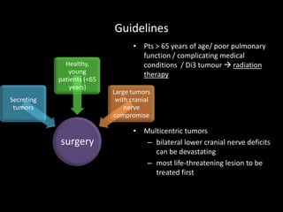 Guidelines
• Pts > 65 years of age/ poor pulmonary
function / complicating medical
conditions / Di3 tumour  radiation
therapy
• Multicentric tumors
– bilateral lower cranial nerve deficits
can be devastating
– most life-threatening lesion to be
treated first
surgery
Secreting
tumors
Healthy,
young
patients (<65
years)
Large tumors
with cranial
nerve
compromise
 