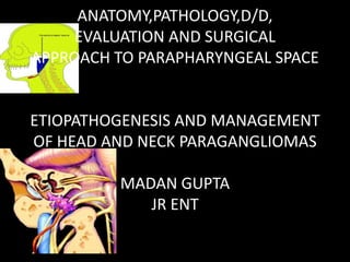 ANATOMY,PATHOLOGY,D/D,
EVALUATION AND SURGICAL
APPROACH TO PARAPHARYNGEAL SPACE
ETIOPATHOGENESIS AND MANAGEMENT
OF HEAD AND NECK PARAGANGLIOMAS
MADAN GUPTA
JR ENT
 