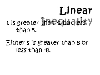 Linear
Inequality
Either s is greater than 8 or
less than -8.
t is greater than -1 but less
than 5.