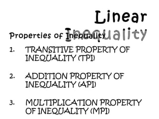 Linear
Inequality
1. TRANSITIVE PROPERTY OF
INEQUALITY (TPI)
2. ADDITION PROPERTY OF
INEQUALITY (API)
3. MULTIPLICATION PROPERTY
OF INEQUALITY (MPI)
Properties of Inequality