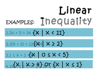 Linear
InequalityEXAMPLES:
1.2x + 5 > 3x ¨C 3
2.3(x + 2) + 12 ¡Ý 24
3.1 ¡Ü x + 1 < 6
4.2x ¨C 1 > 7 or 2 ¨C 3x ¡Ý -1
{x | x < 11}
{x | x ¡Ý 2}
{x | 0 ¡Ü x < 5}
{x | x > 4} or {x | x ¡Ü 1}