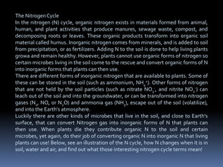 The Nitrogen Cycle
In the nitrogen (N) cycle, organic nitrogen exists in materials formed from animal,
human, and plant activities that produce manures, sewage waste, compost, and
decomposing roots or leaves. These organic products transform into organic soil
material called humus. Inorganic nitrogen comes from minerals, and is added to soil
from precipitation, or as fertilizers. Adding N to the soil is done to help living plants
growa and remain healthy. However, plants cannot use organic forms of nitrogen so
certain microbes living in the soil come to the rescue and convert organic forms of N
into inorganic forms that plants can then use.
There are different forms of inorganic nitrogen that are available to plants. Some of
these can be stored in the soil (such as ammonium, NH4
+). Other forms of nitrogen
that are not held by the soil particles (such as nitrate NO3
-, and nitrite NO2
-) can
leach out of the soil and into the groundwater, or can be transformed into nitrogen
gases (N2, NO, or N2O) and ammonia gas (NH3), escape out of the soil (volatilize),
and into the Earth's atmosphere.
Luckily there are other kinds of microbes that live in the soil, and close to Earth's
surface, that can convert Nitrogen gas into inorganic forms of N that plants can
then use. When plants die they contribute organic N to the soil and certain
microbes, yet again, do their job of converting organic N into inorganic N that living
plants can use! Below, see an illustration of the N cycle, how N changes when it is in
soil, water and air, and find out what those interesting nitrogen cycle terms mean!
 