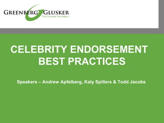 CELEBRITY ENDORSEMENT
BEST PRACTICES
Speakers – Andrew Apfelberg, Katy Spillers & Todd Jacobs
 