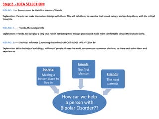 Step:2 - IDEA SELECTION:
IDEA NO: 1 ---- Parents must be their first mentors/friends
Explanation: Parents can make themselves indulge with them. This will help them, to examine their mood swings, and can help them, with the critical
thoughts.
IDEA NO: 2 ----- Friends, the next parents
Explanation: Friends, too can play a very vital role in extracting their thought process and make them comfortable to face the outside world.
IDEA NO: 3 ------ Society’s influence (Launching the online SUPPORT BLOGS AND SITES for BP
Explanation: With the help of such blogs, millions of people all over the world, can come on a common platform, to share each other ideas and
experiences.
How can we help
a person with
Bipolar Disorder??
Society:
Making a
better place to
live in
Parents:
The first
Mentor Friends:
The next
parents
 