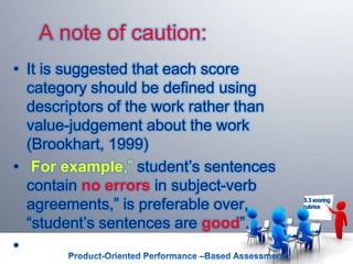 A note of caution:
• It is suggested that each score
category should be defined using
descriptors of the work rather than
value-judgement about the work
(Brookhart, 1999)
• For example,” student’s sentences
contain no errors in subject-verb
agreements,” is preferable over,
“student’s sentences are good”.
•
3.3 scoring
rubrics
 