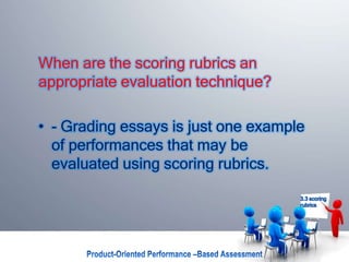 When are the scoring rubrics an
appropriate evaluation technique?
• - Grading essays is just one example
of performances that may be
evaluated using scoring rubrics.
3.3 scoring
rubrics
 