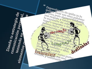 Diseñatuestrategiade
Diseñatuestrategiade
comunicaciónpersonal,
comunicaciónpersonal,
teniendoencuentalos
teniendoencuentalos
elementosquedebeincluir.
elementosquedebeincluir.
 Dependiendo de quién se lo
Dependiendo de quién se lo
quiero decir uso unas palabras
quiero decir uso unas palabras
u otras, pero siempre hablando
u otras, pero siempre hablando
con respeto y tolerancia, decir
con respeto y tolerancia, decir
lo necesario sin salirme del
lo necesario sin salirme del
tema o empezar a dar muchos
tema o empezar a dar muchos
rodeos, hacer siempre una
rodeos, hacer siempre una
introducción necesaria, darme
introducción necesaria, darme
a conocer exactamente como
a conocer exactamente como
soy y que hago. Hacerle saber a
soy y que hago. Hacerle saber a
las personas que también son
las personas que también son
escuchadas y tenidas en cuenta
escuchadas y tenidas en cuenta
a la hora de que se decida que
a la hora de que se decida que
hacer con respecto a algo que
hacer con respecto a algo que
los afecta también a ellos.
los afecta también a ellos.
Siempre es posible
Siempre es posible
comunicarse por varias partes,
comunicarse por varias partes,
haciéndolo cada vez mas
haciéndolo cada vez mas
creativo y entretenido.
creativo y entretenido.
 